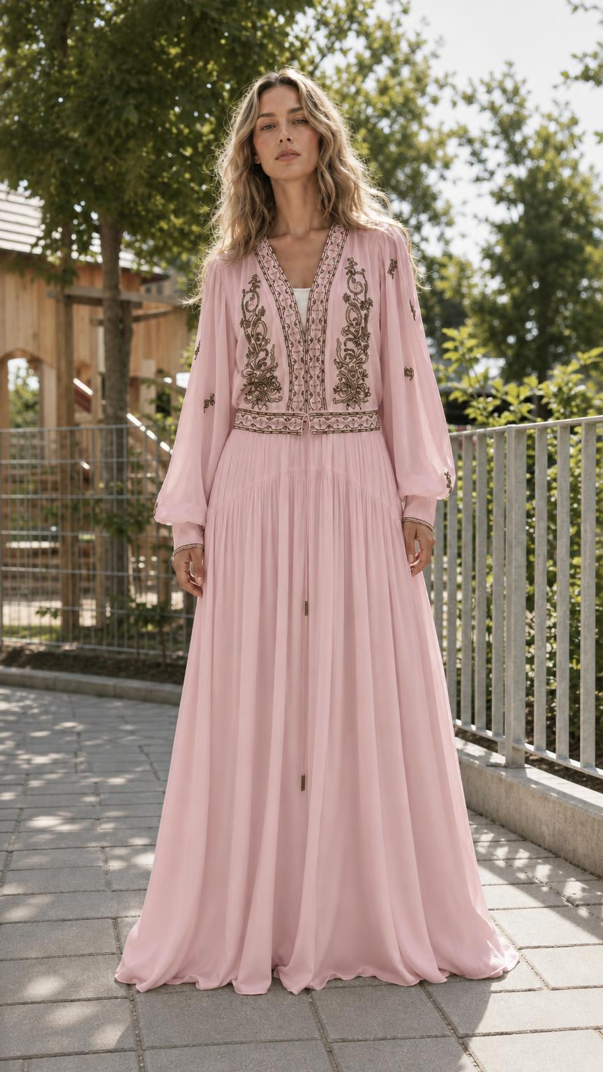 Front view of Pink bohemian embroidered long-sleeve maxi dress