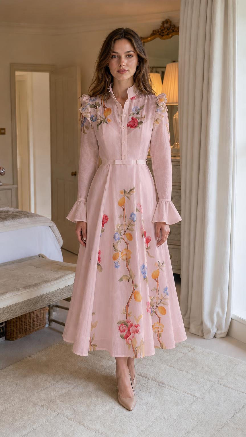 Front view of woman wearing pink botanical embroidered midi dress