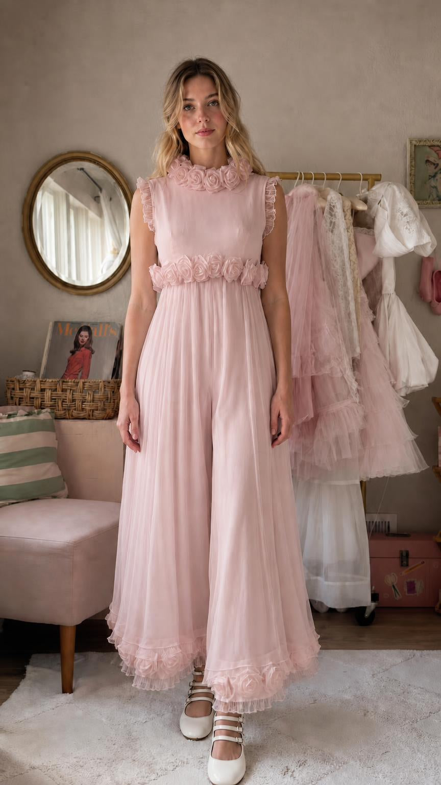 Front view of soft pink ruffled maxi dress