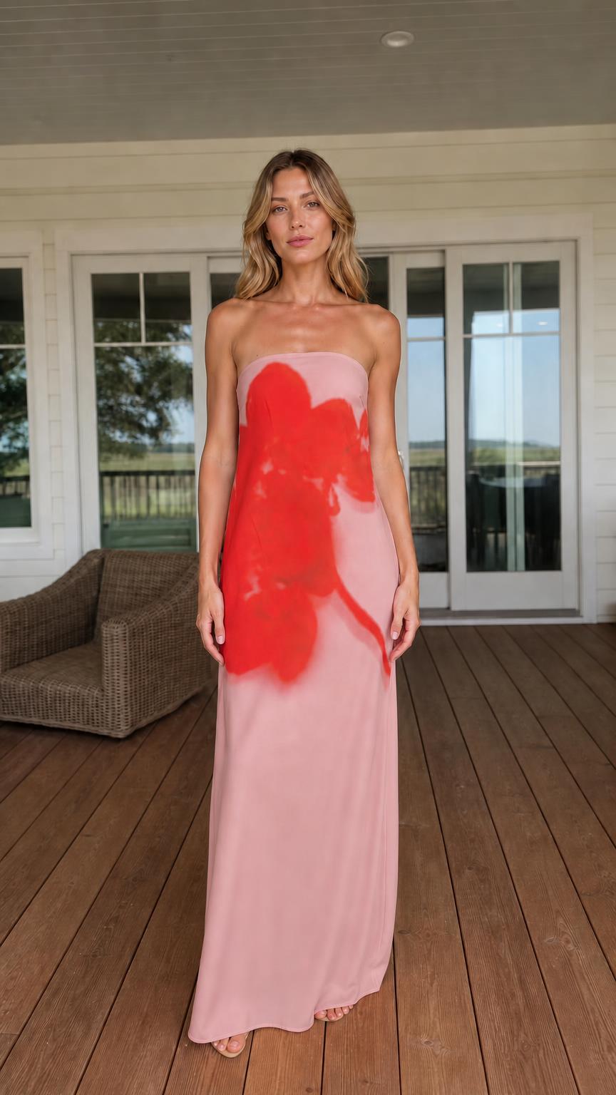 Woman wearing pink strapless abstract floral maxi dress