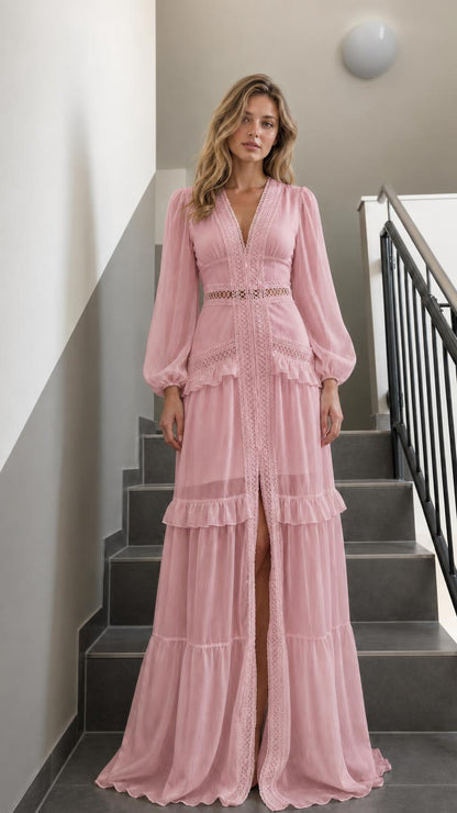 Front view of Pink V-Neck Long Sleeve Ruffle Tiered Maxi Dress