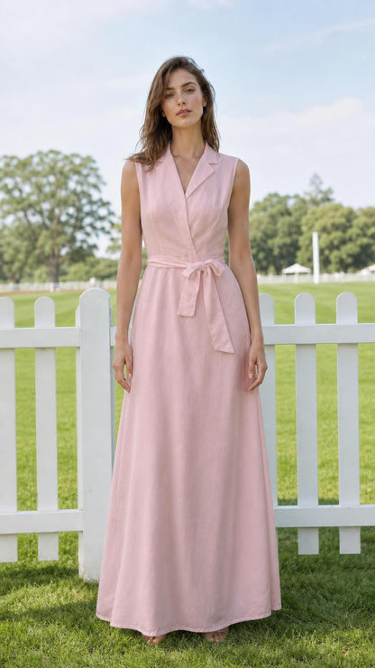 Model wearing pink sleeveless lapel maxi dress