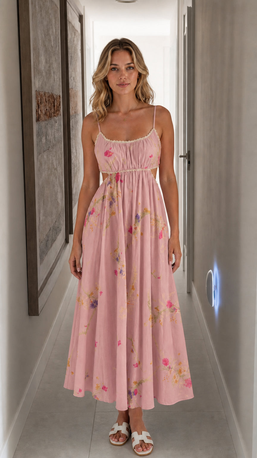Front view of pink floral cutout midi dress