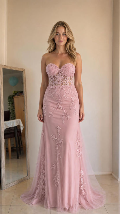 Front view of pink strapless mermaid evening gown