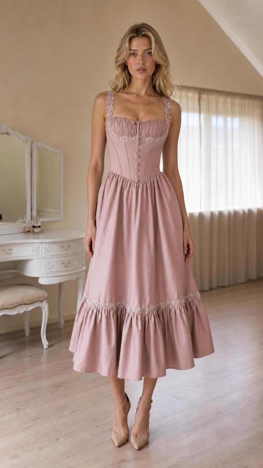 Front view of Dusty Pink corset style midi dress