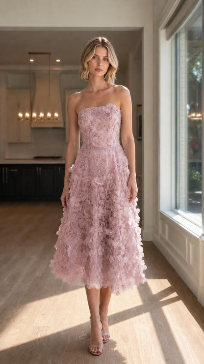 Front view of dusty pink strapless 3D floral midi dress