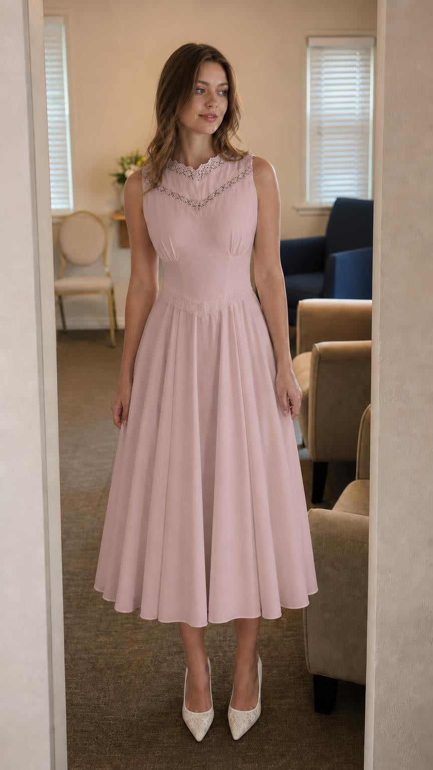 Front view of model wearing pink lace trim midi dress