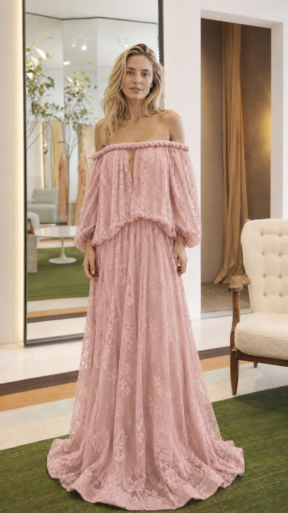 Front view of pink off-the-shoulder lace maxi dress