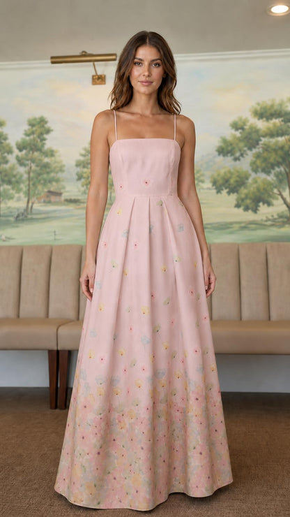 Front view of pink floral ombre maxi dress