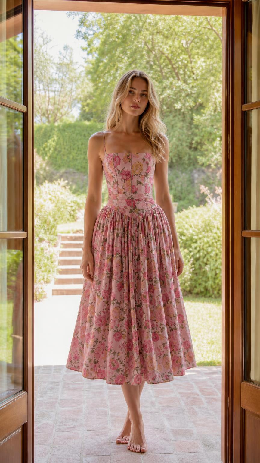 Full length view of pink floral midi sundress on model