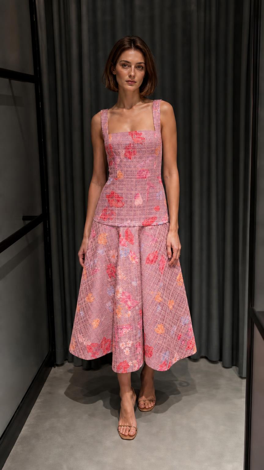 Front view of pink floral tweed top and midi skirt set