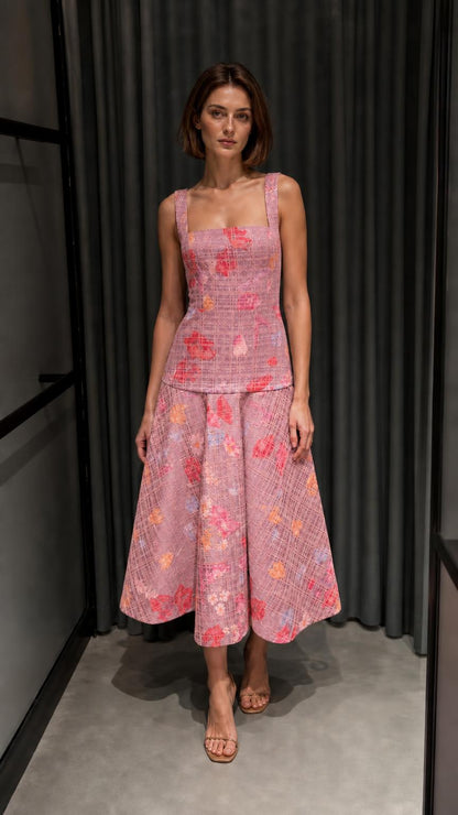 Front view of pink floral tweed top and midi skirt set