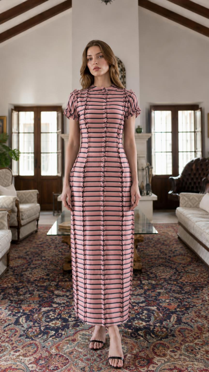 Model wearing pink striped maxi dress variant