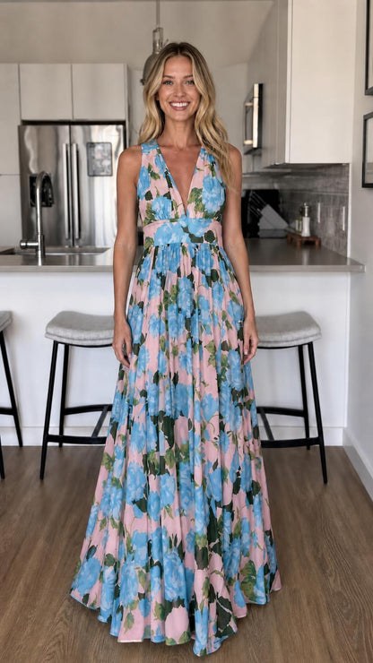 Front view of Pink floral maxi dress variant