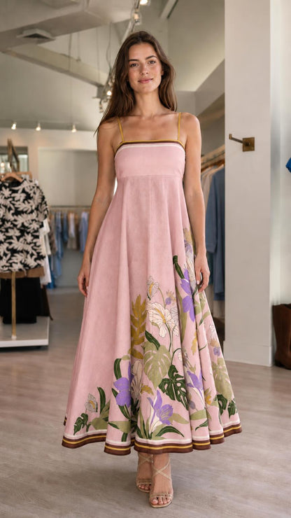Front view of pink floral maxi dress