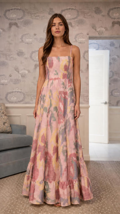 Model wearing pink multi abstract printed maxi dress