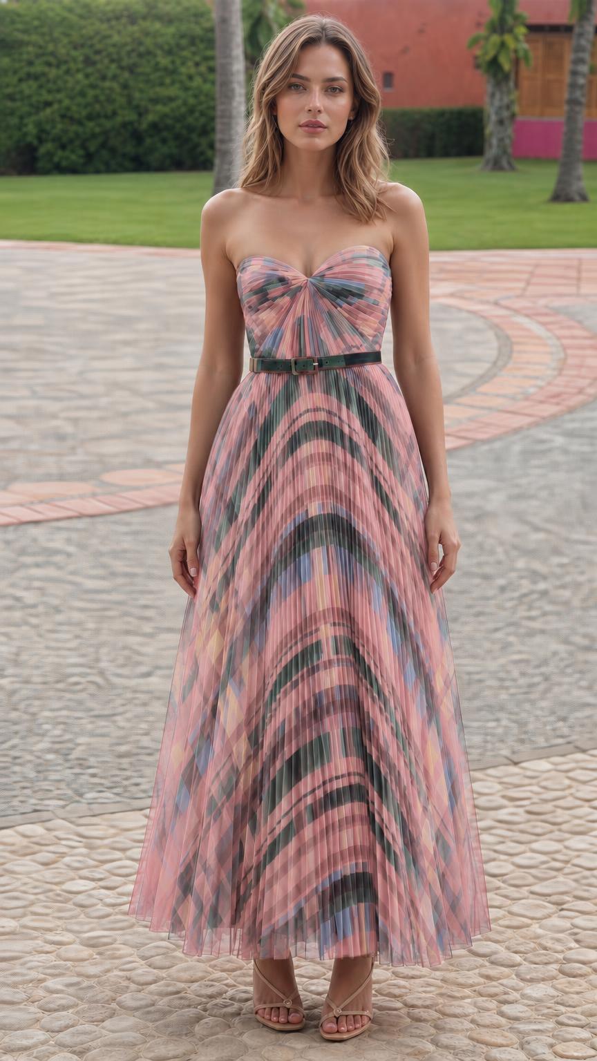 Model wearing pink patterned pleated strapless maxi dress