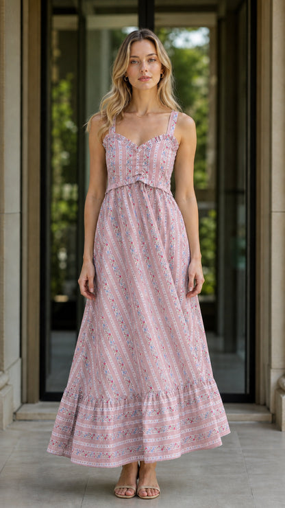 Front view of pink floral striped maxi dress variant
