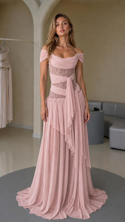 Front view of pink formal maxi dress