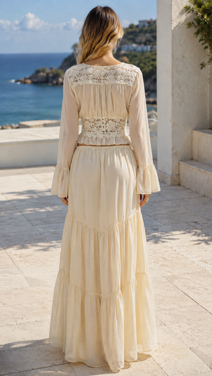 Back view of model wearing beige boho two-piece maxi set