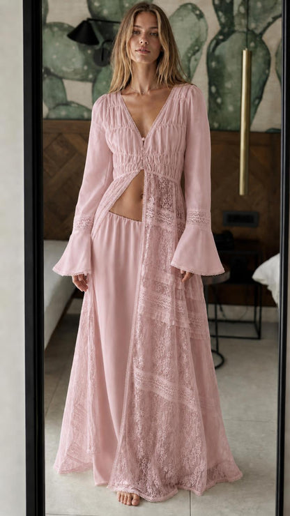 Model wearing pink bohemian lace two-piece set
