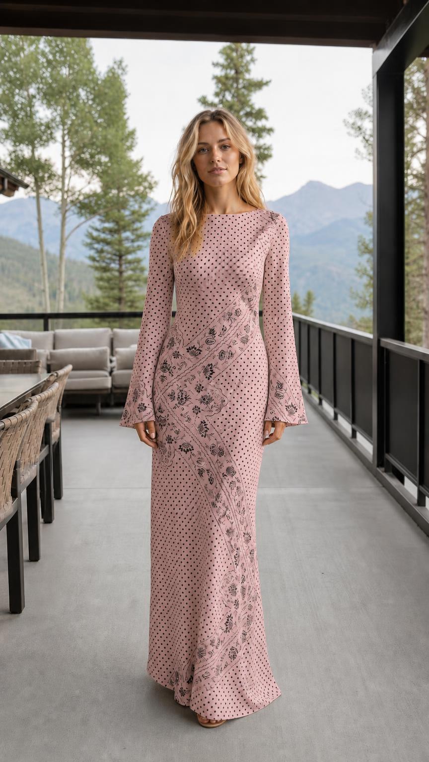 Front view of pink printed long sleeve maxi dress