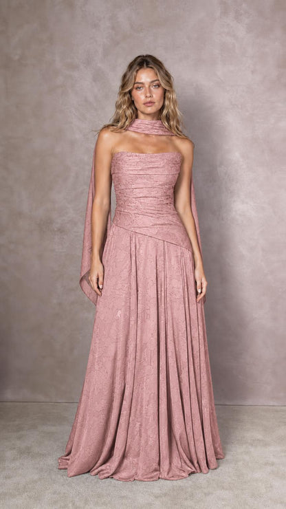 Front view of model wearing rose pink strapless evening dress