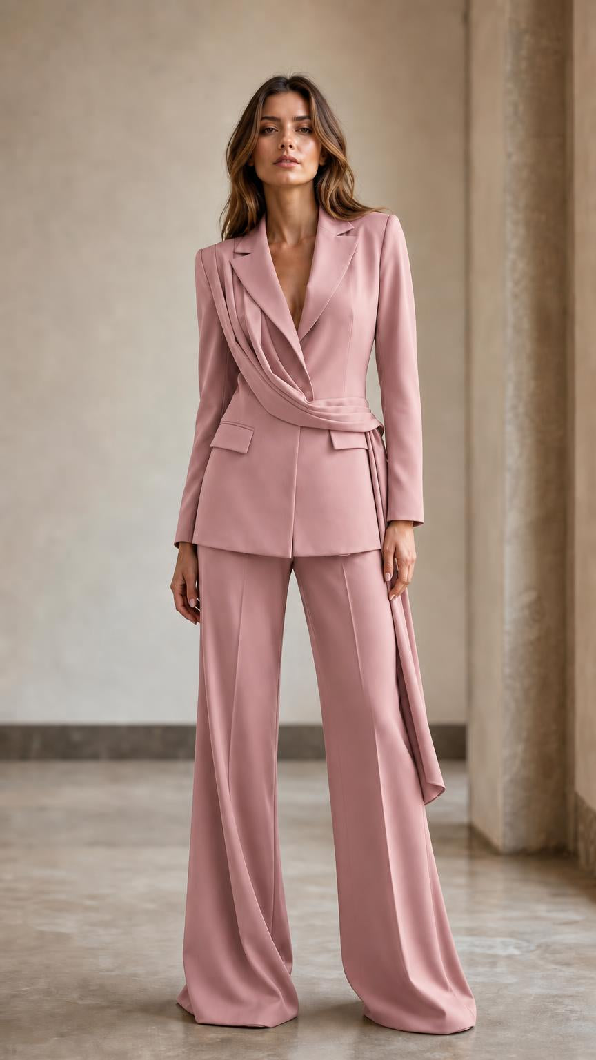 Front view of woman wearing pink draped blazer and wide-leg pants suit