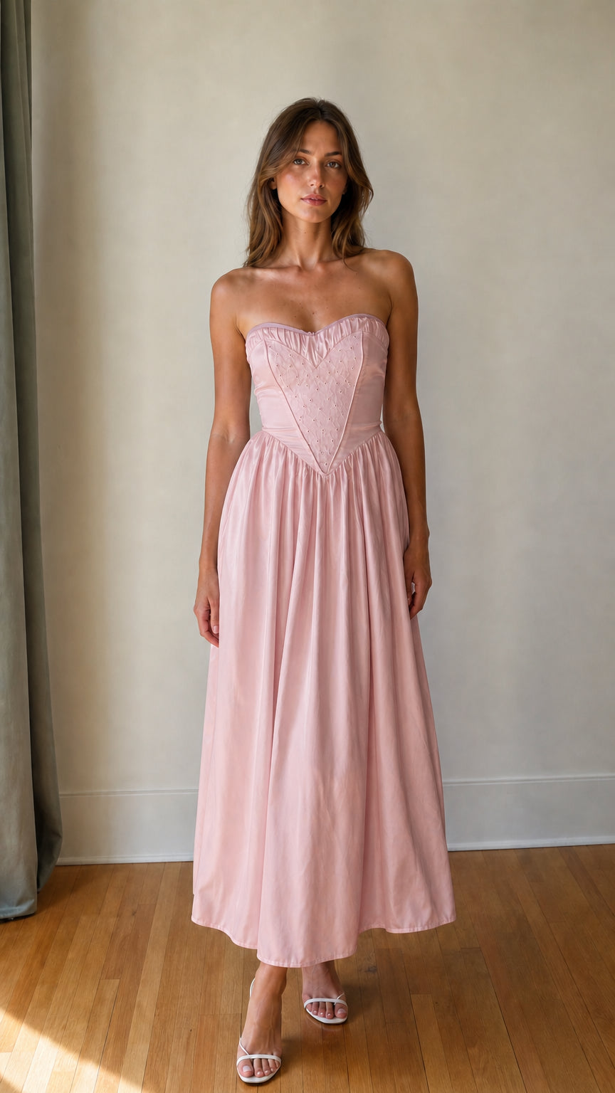 Front view of Pink strapless maxi dress