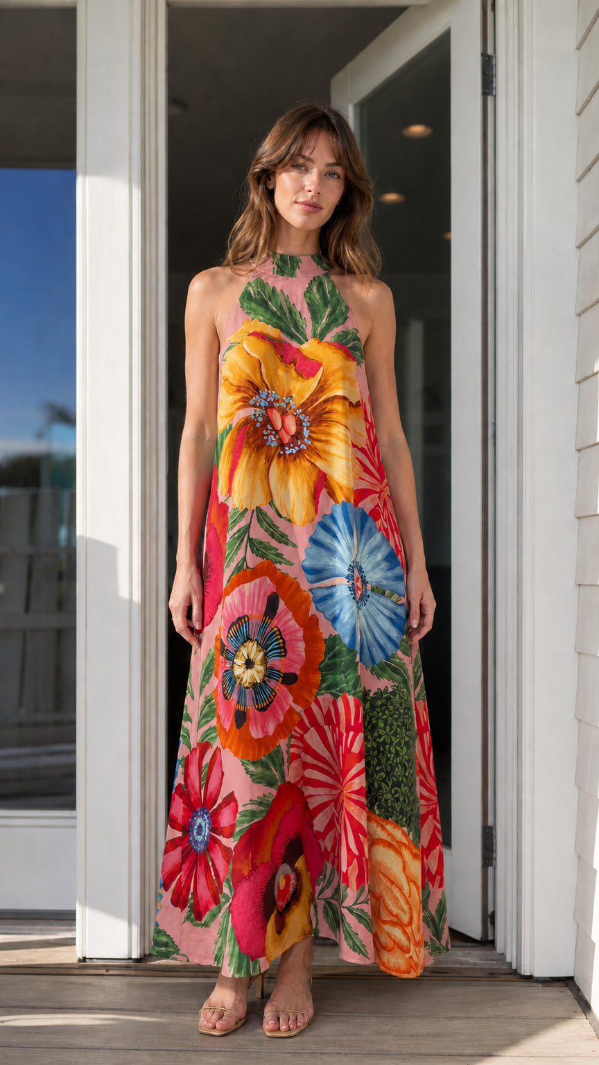 Vibrant floral halter neck maxi dress in pink