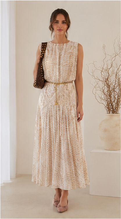 Women's printed sleeveless belted midi dress in Ivory