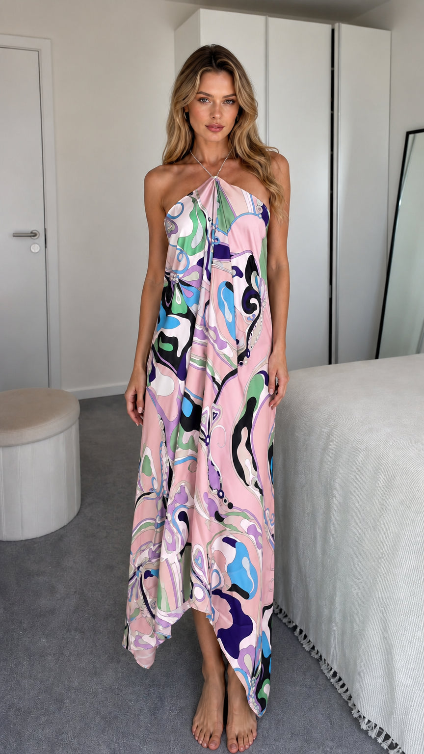 Model wearing pink abstract print halter maxi dress