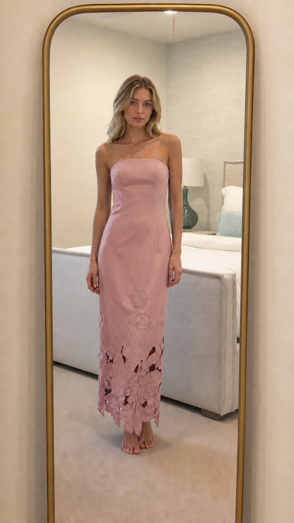 Blush pink strapless floral laser-cut maxi dress