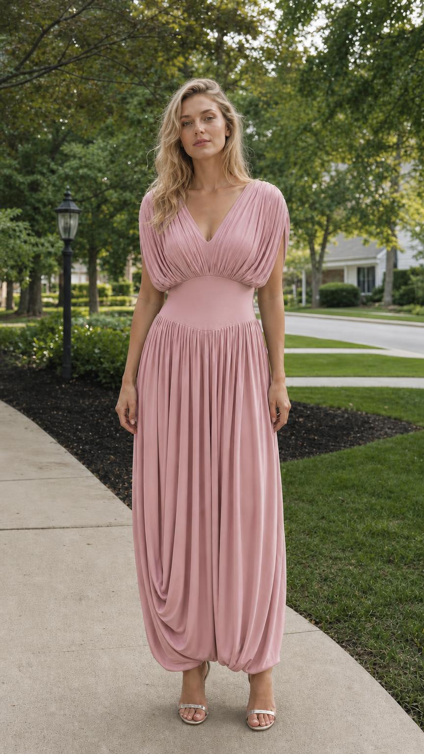 Front view of Dusty Rose pleated maxi dress