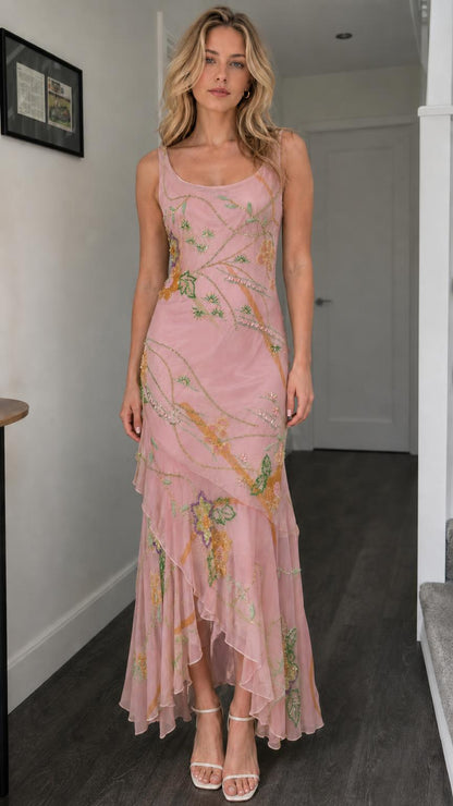 Front view of pink floral beaded mesh maxi dress