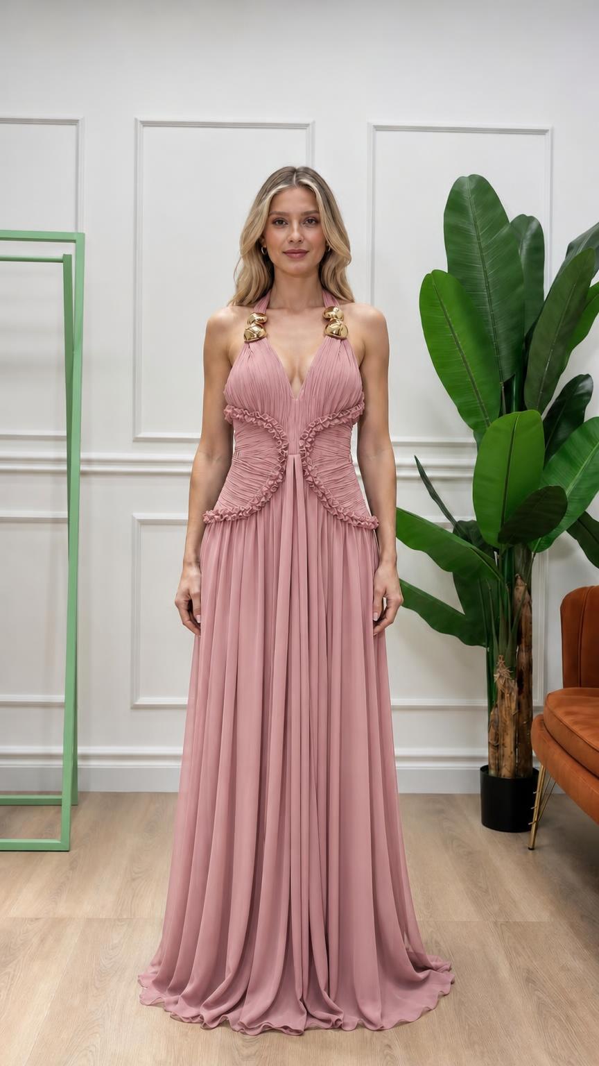 Front view of pink halter pleated maxi dress