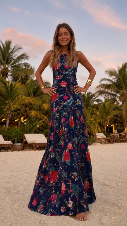 Front view of navy floral sleeveless maxi dress with fitted shape