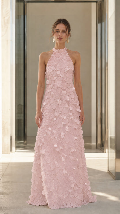 Full view of Pink 3D floral applique halter maxi dress