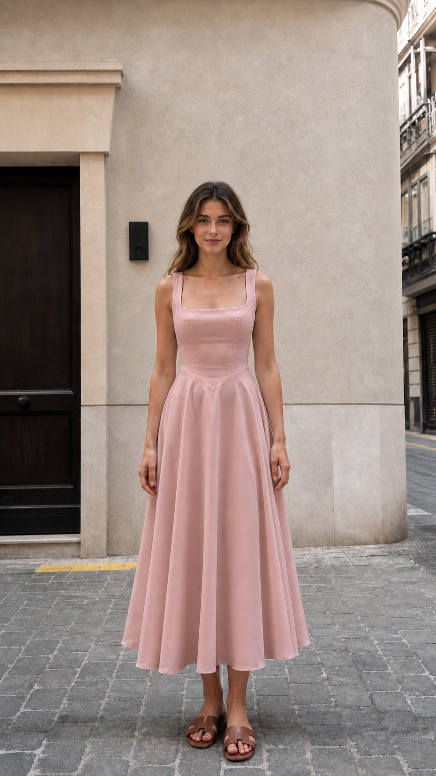 Front view of woman wearing pink square neck midi dress