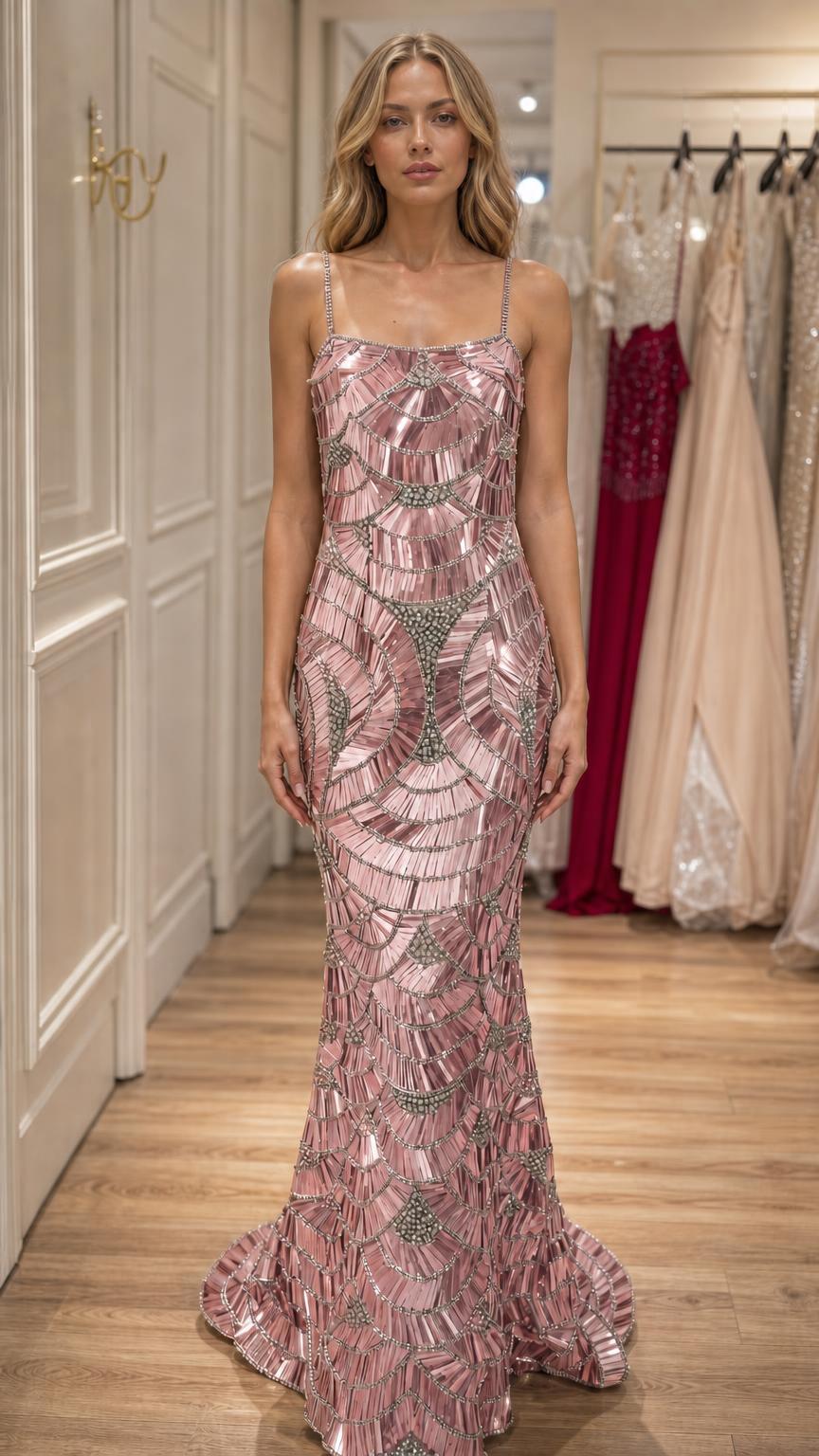 Model wearing pink sequin beaded mermaid evening dress