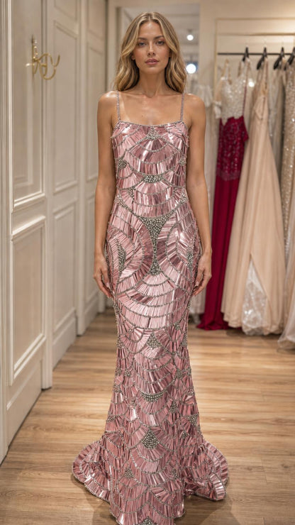 Model wearing pink sequin beaded mermaid evening dress
