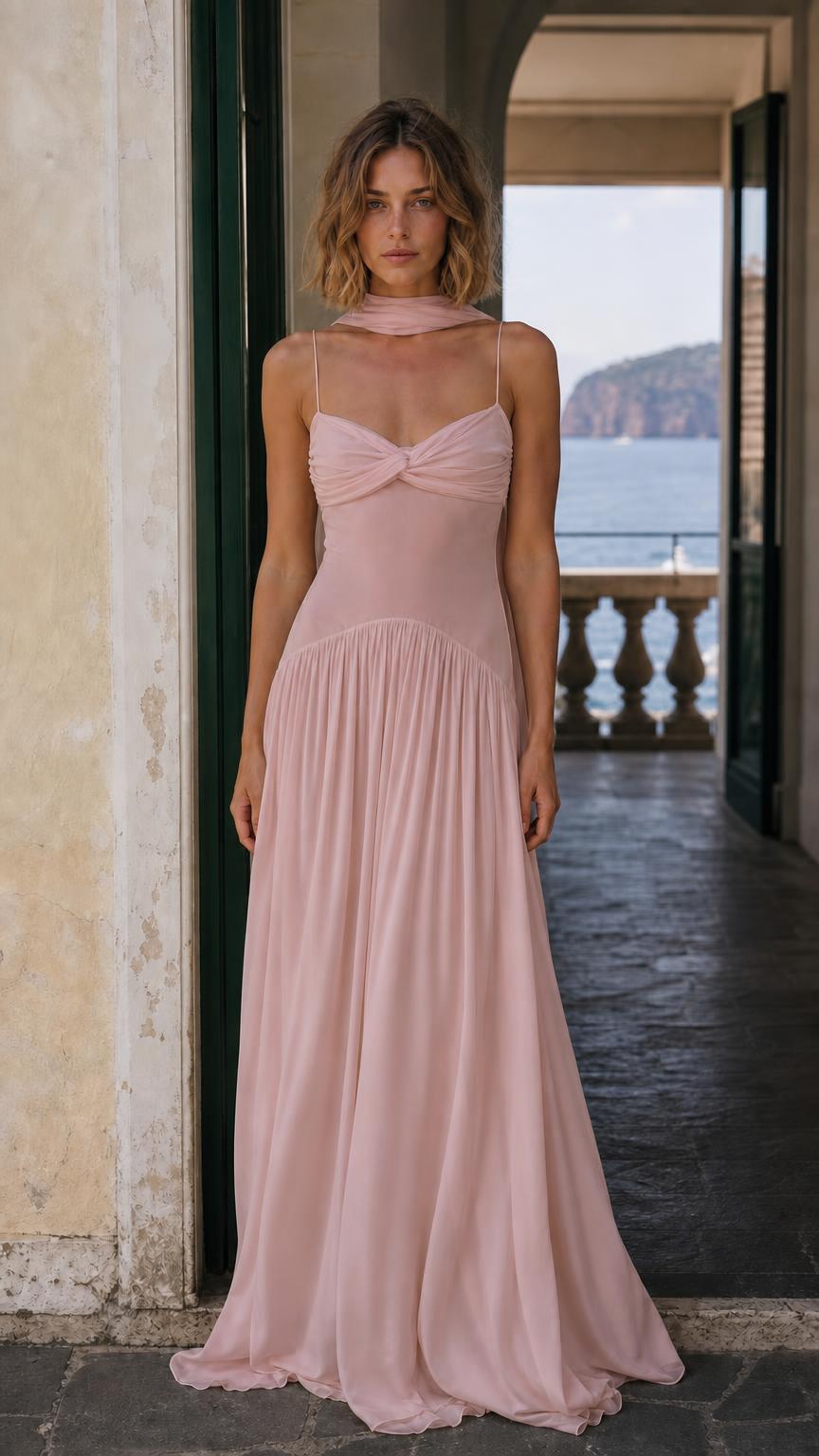Front view of Dusty Pink chiffon maxi dress with matching scarf
