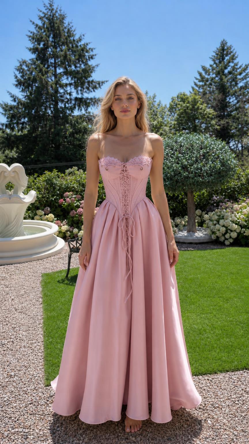 Front view of pink corset maxi dress