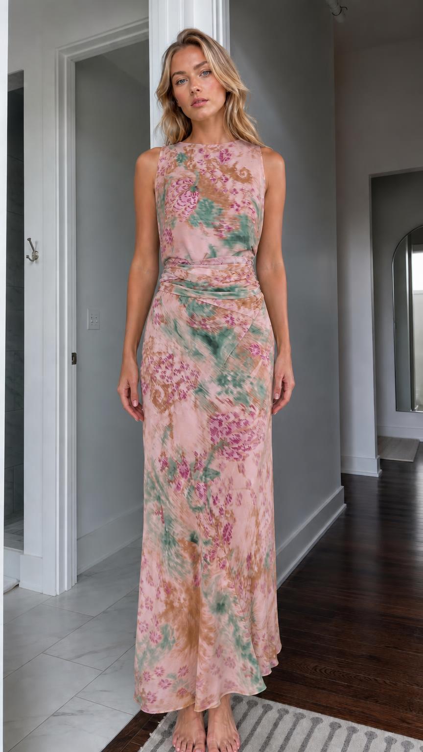 Front view of pink floral maxi dress variant