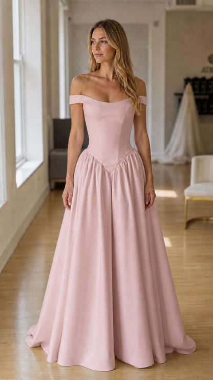 Front view of pink off-the-shoulder evening gown