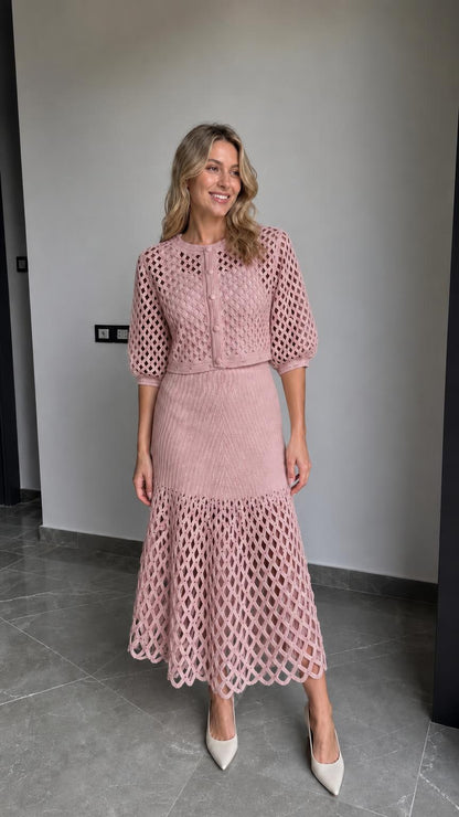 Full-body view of model wearing the pink colorway set