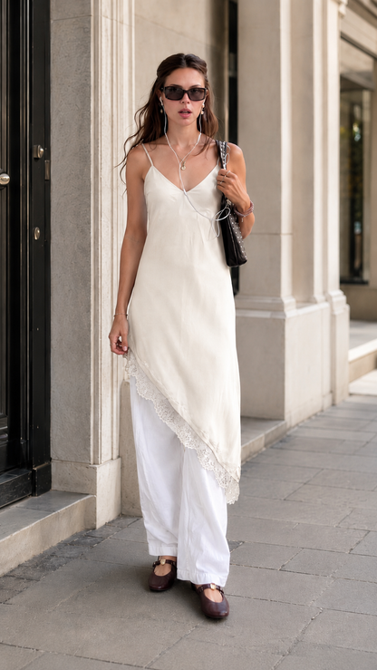 Front view of ivory satin-look slip tunic dress with asymmetric lace hem