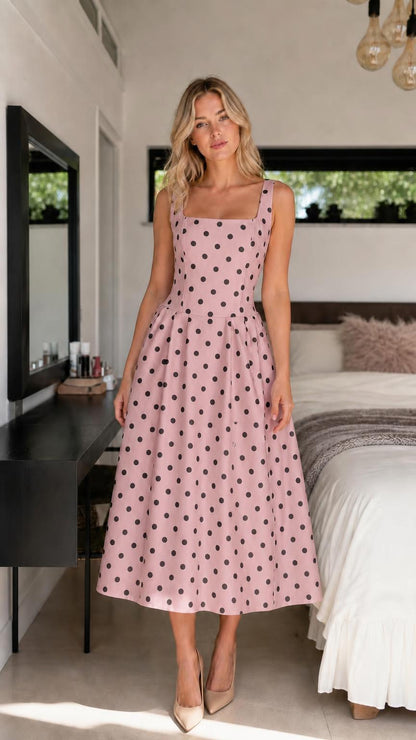 Front view of woman wearing pink polka dot midi dress
