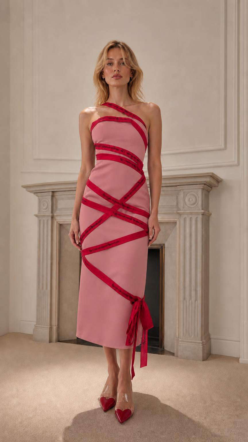Front view of pink color variant with red ribbon details