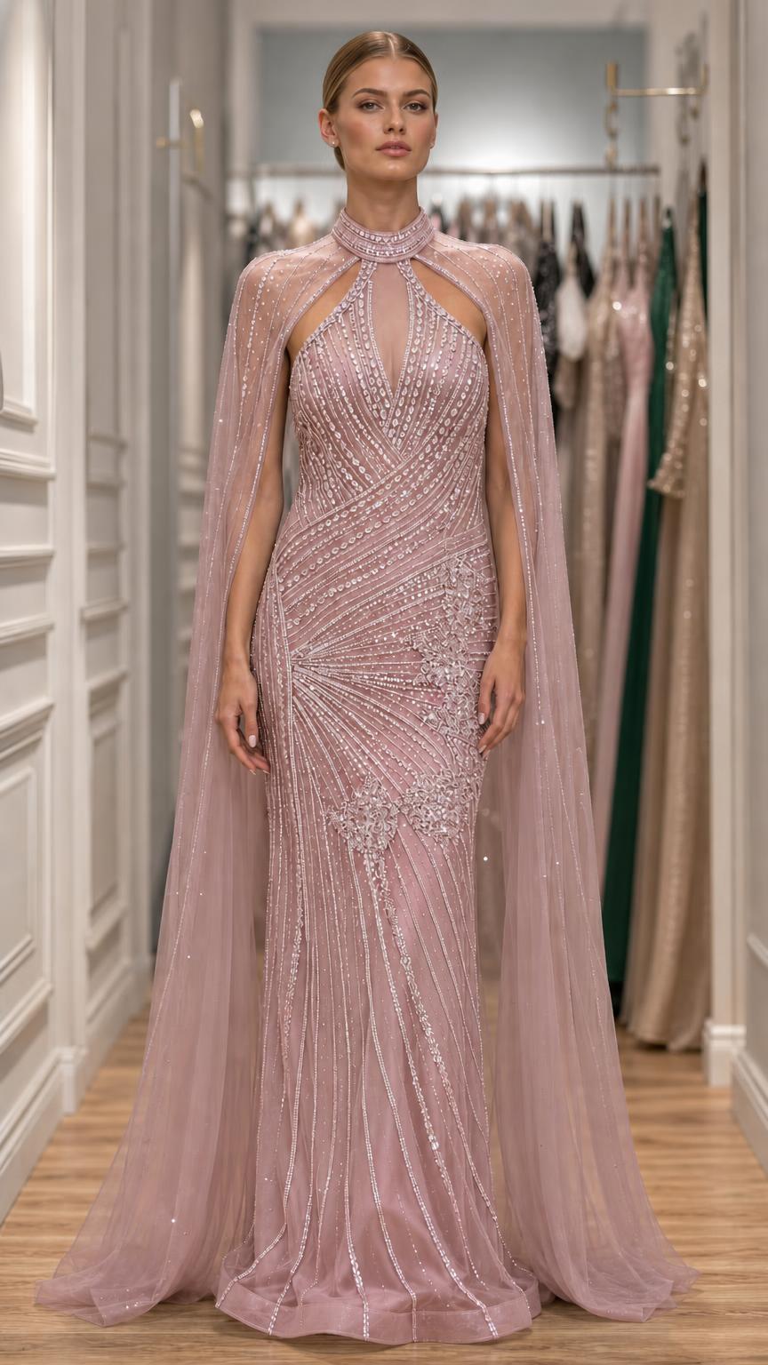 Front view of model in dusty rose evening gown with cape